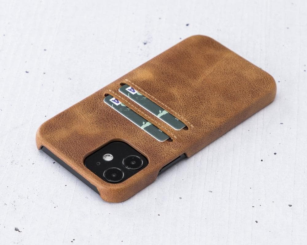 Brown leather phone case with card holder on a light gray background