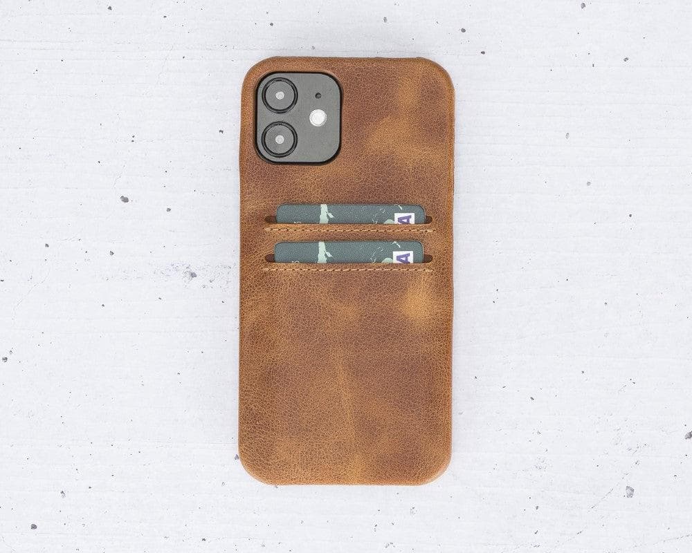 Brown phone case with card slots on a light gray background