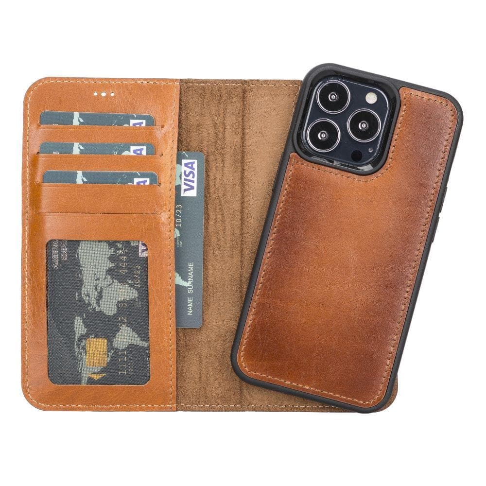 Brown leather phone case with card slots on a white background