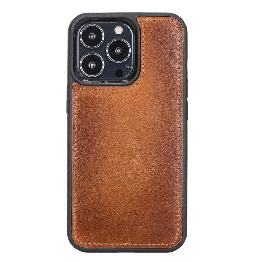 Brown leather phone case with black border on a white background
