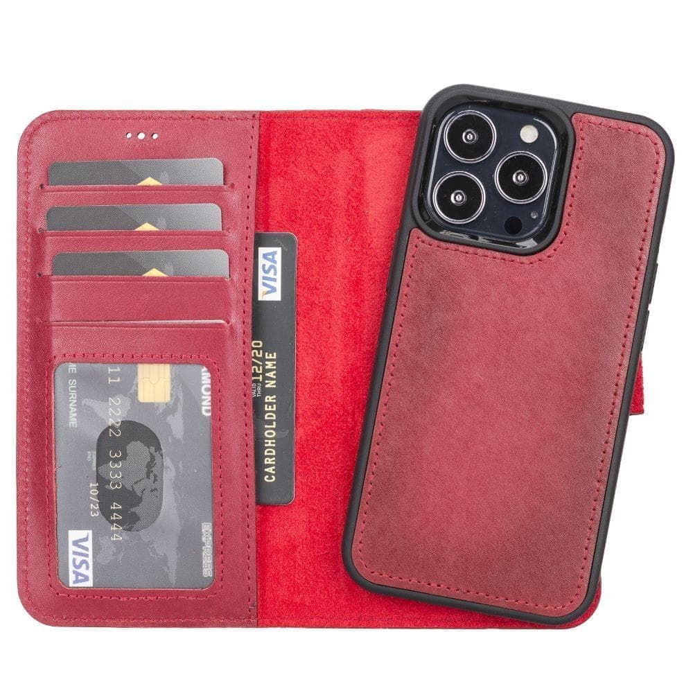Red phone case with card slots and phone pocket on a white background