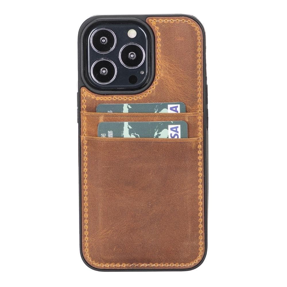 Brown leather phone case with card holder on a white background