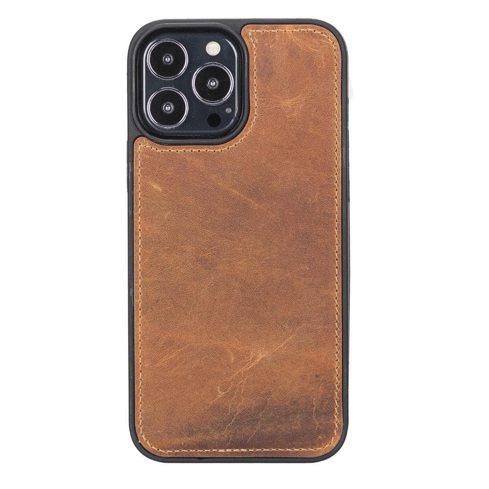 Brown leather phone case with black border on a white background