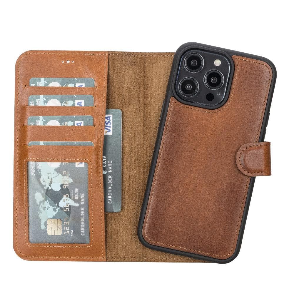 iPhone 14 leather wallet case with MagSafe, RFID protection, and card slots