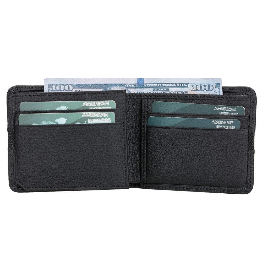 Black wallet with cards and money on a white background
