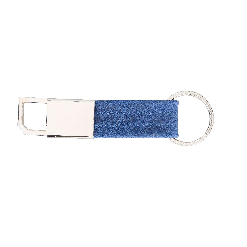 Keychain with blue fabric strap and silver metal clip on a white background