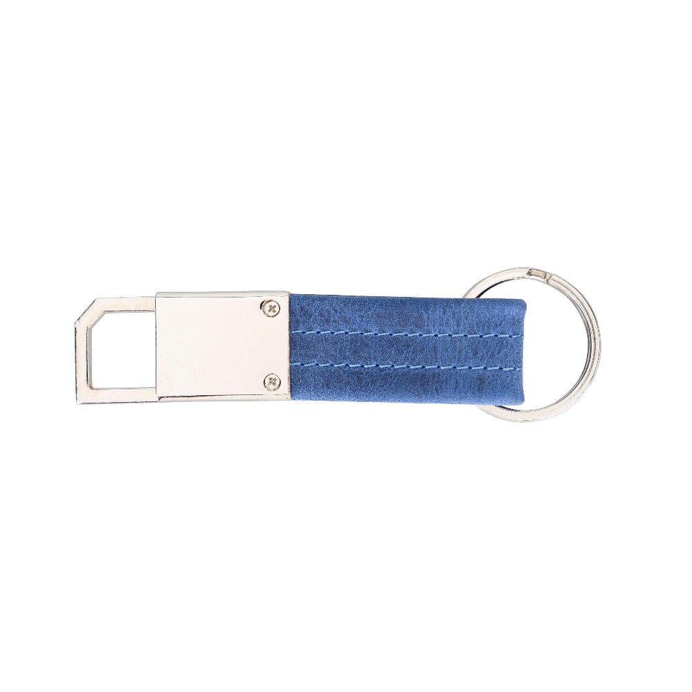 Keychain with blue fabric strap and silver metal clip on a white background
