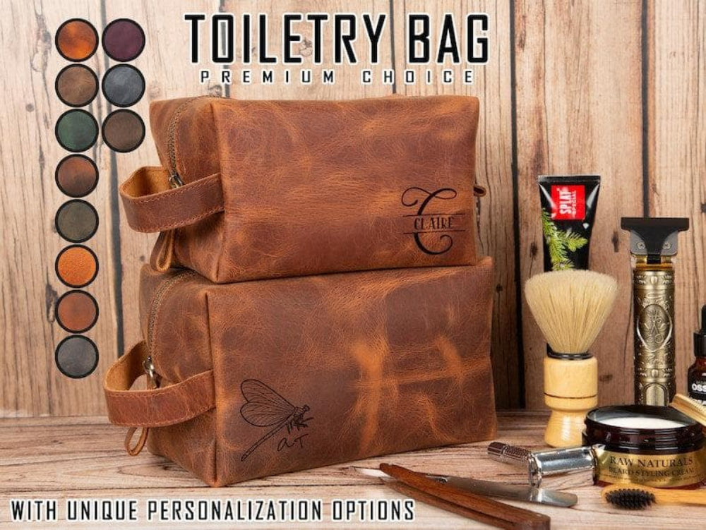 Brown toiletry bag with grooming products on a wooden background