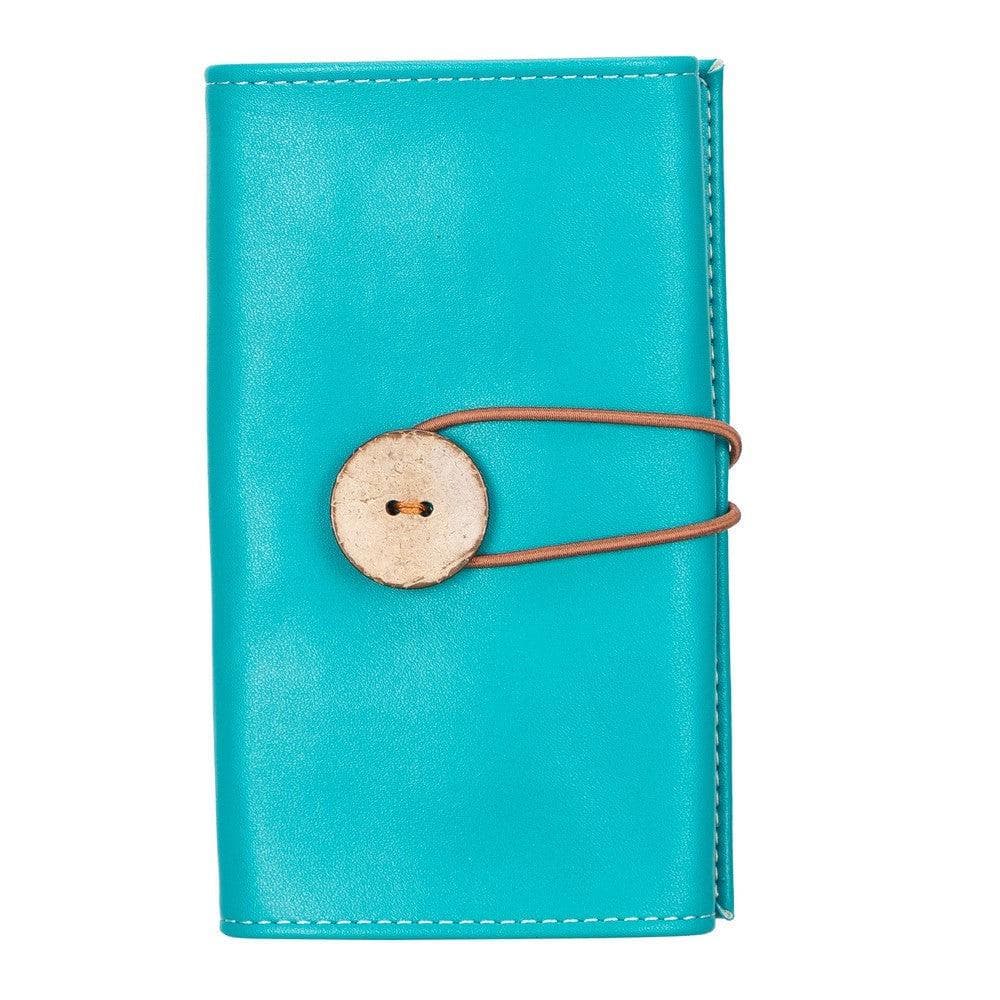 Turquoise leather wallet with a wooden button on a white background