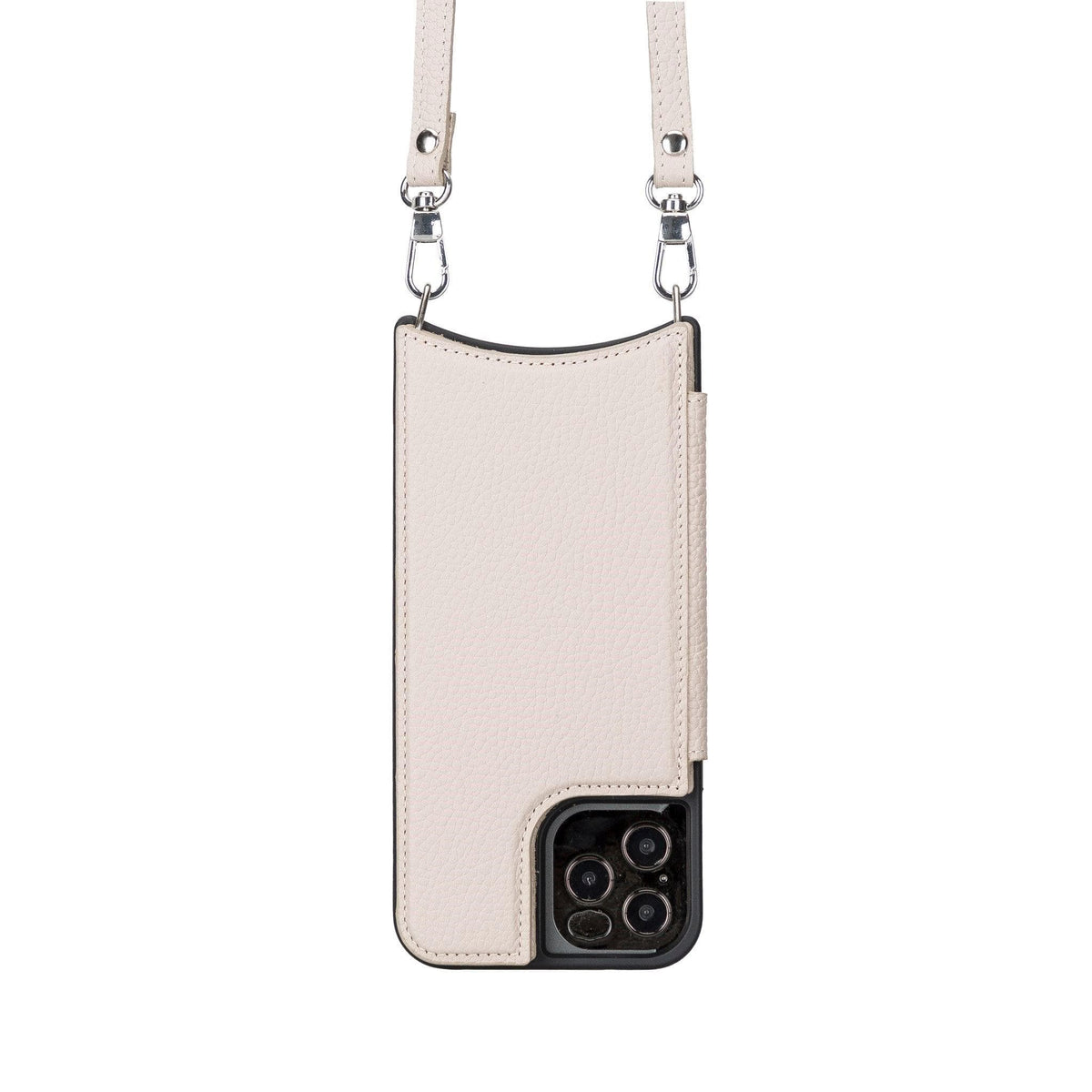Beige phone case with a strap on a white background