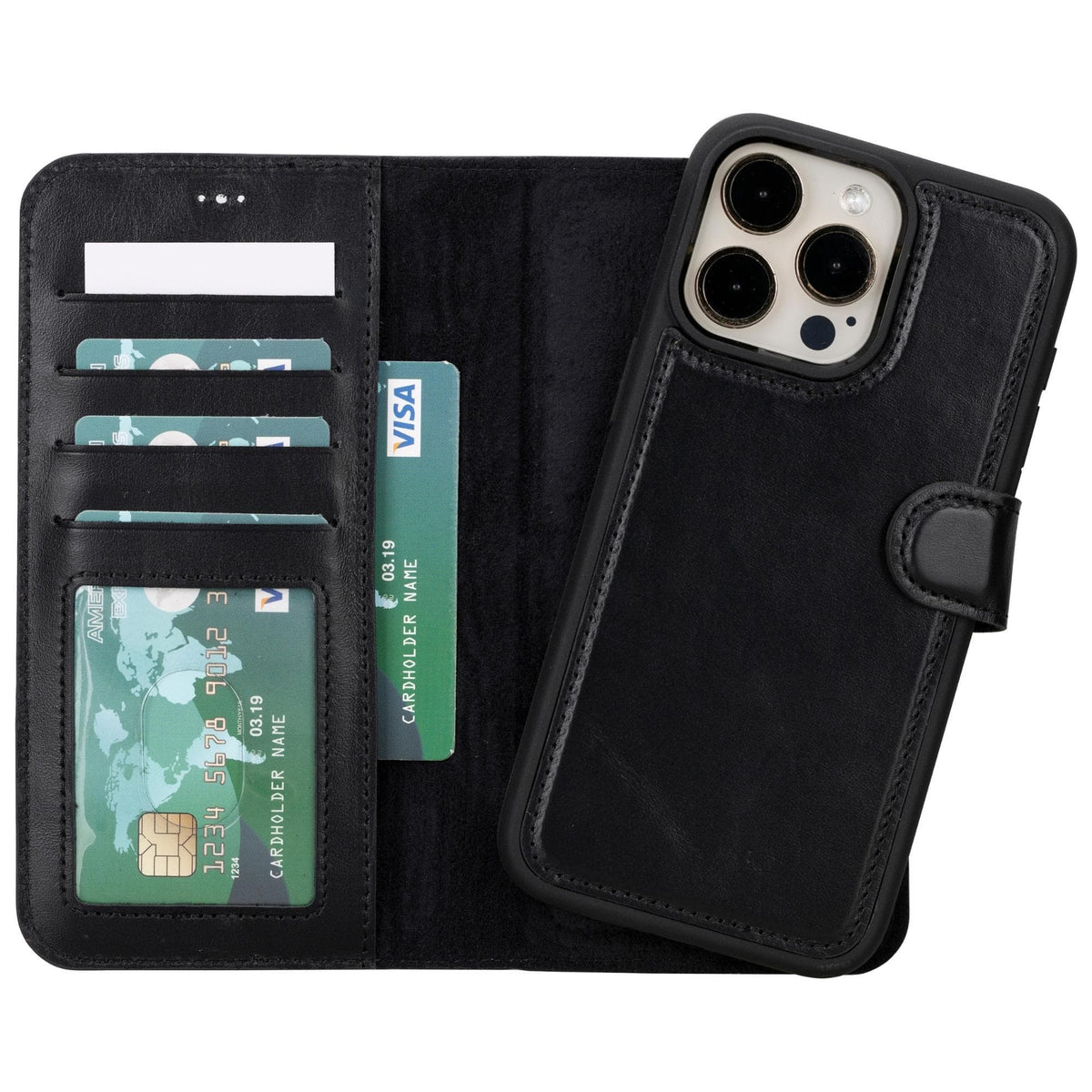 Black phone case with card slots and phone pocket on a white background