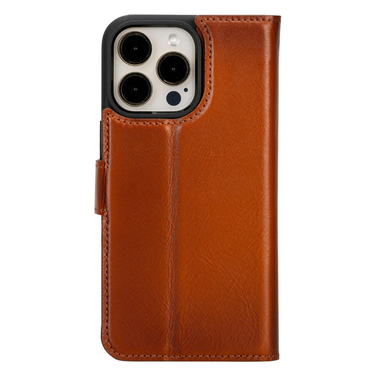 Brown leather phone case with a phone visible through the slots on a white background