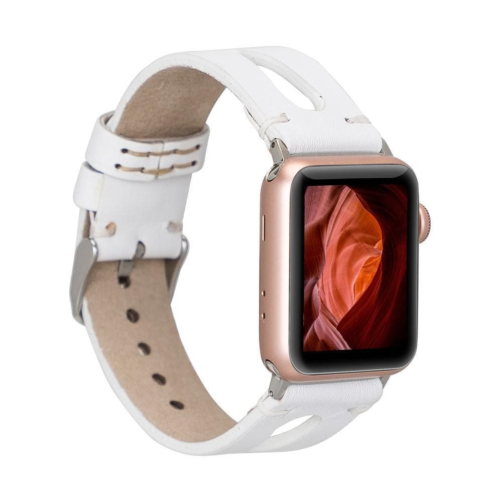 Smartwatch with a white leather strap on a white background