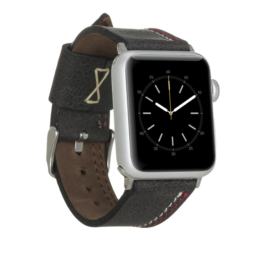 Smartwatch with a dark leather strap on a white background
