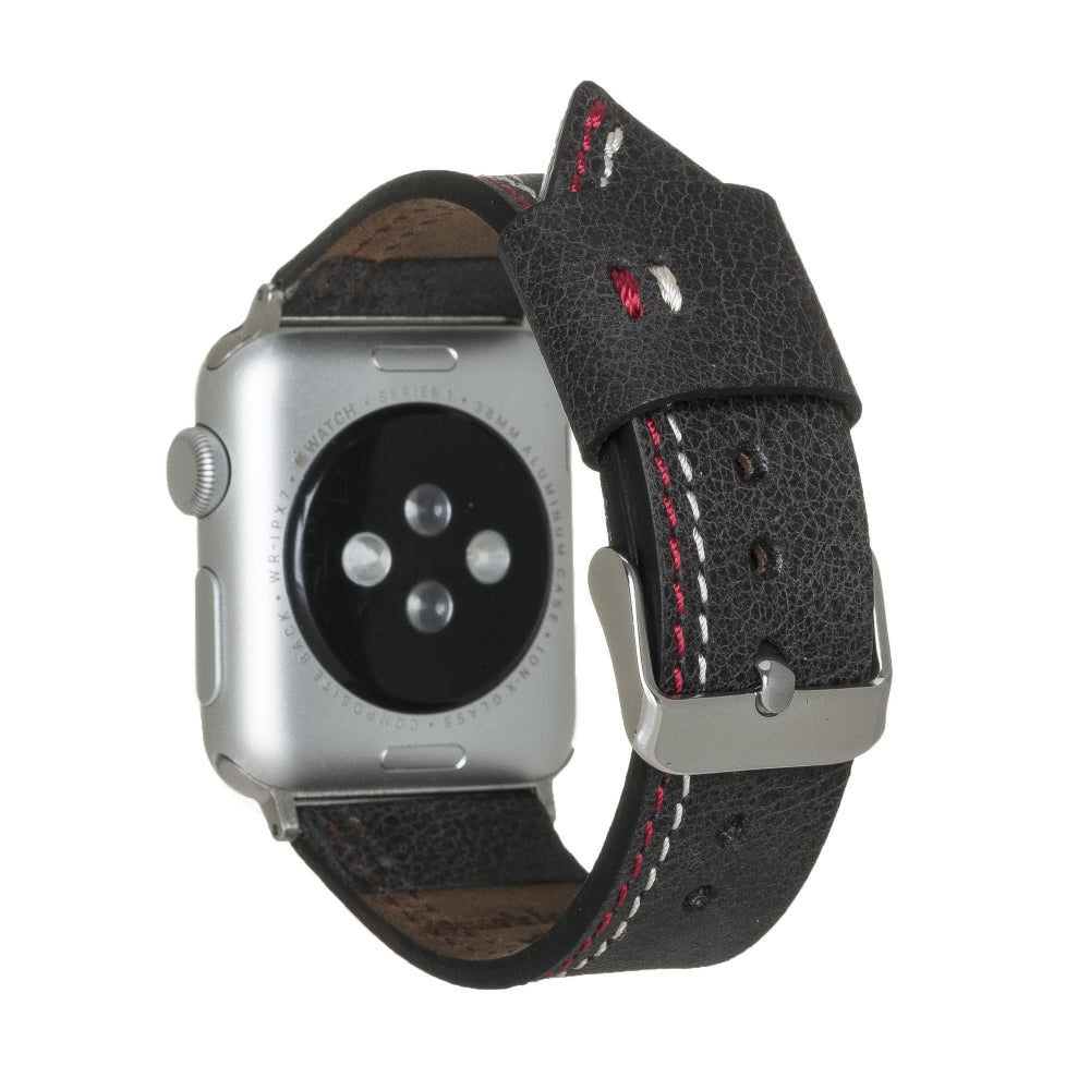 Smartwatch with a black leather strap on a white background