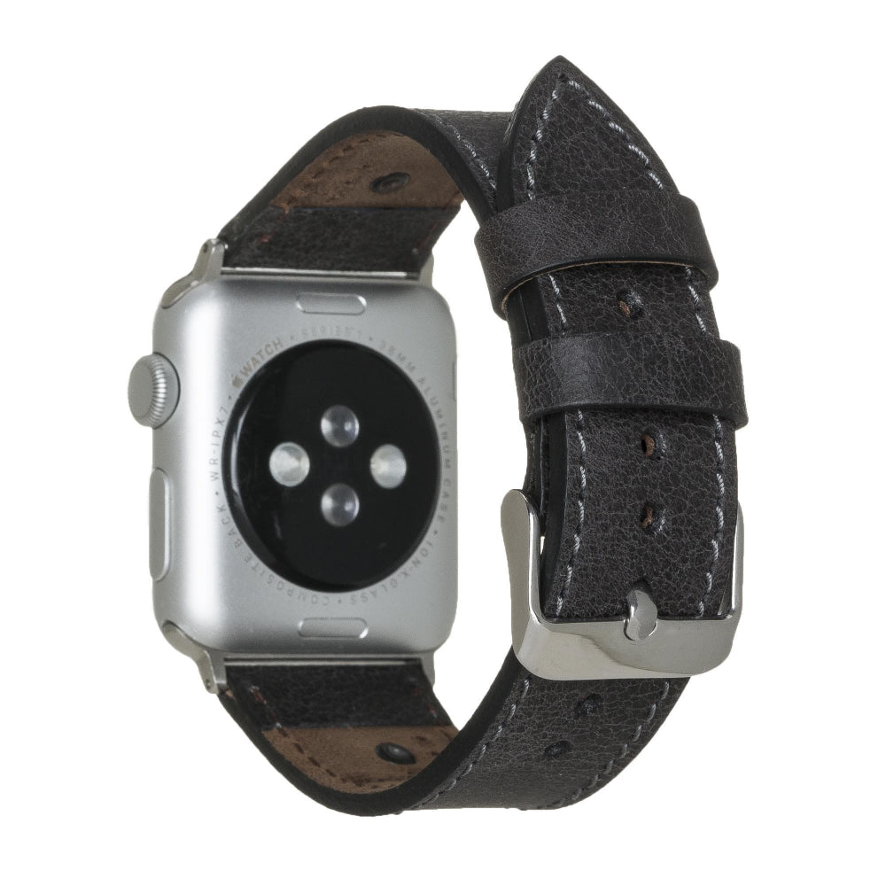 Smartwatch with a black leather strap on a white background