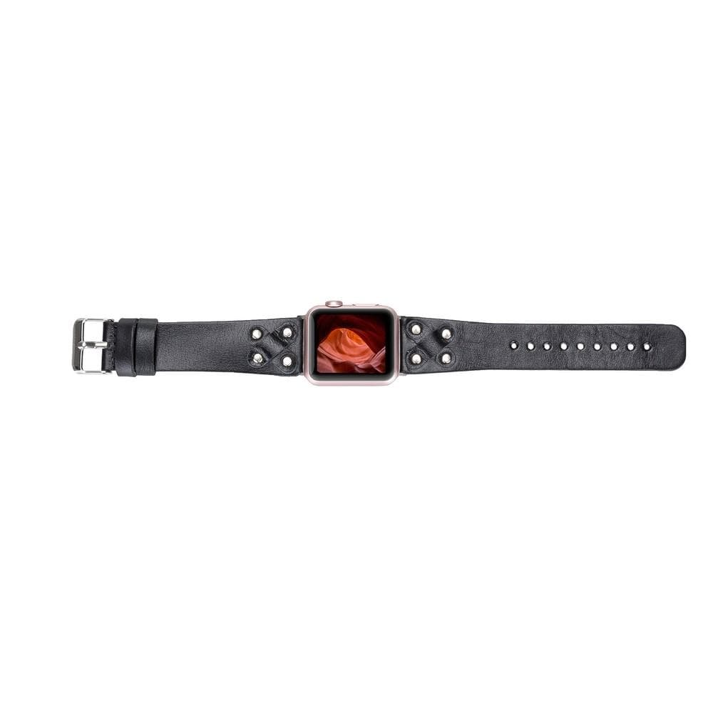 Black leather strap with a square metal buckle on a white background