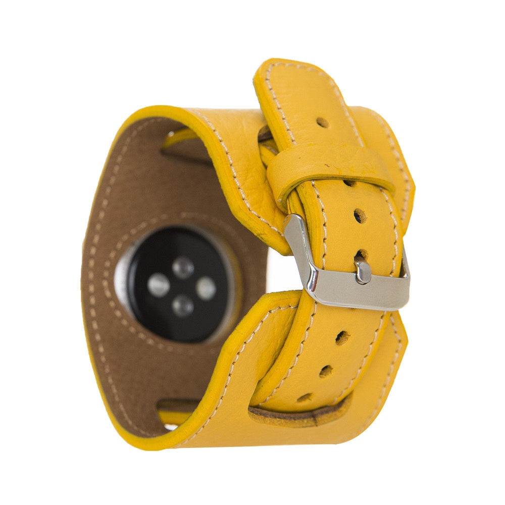 Yellow leather belt with a button and silver buckle on a white background