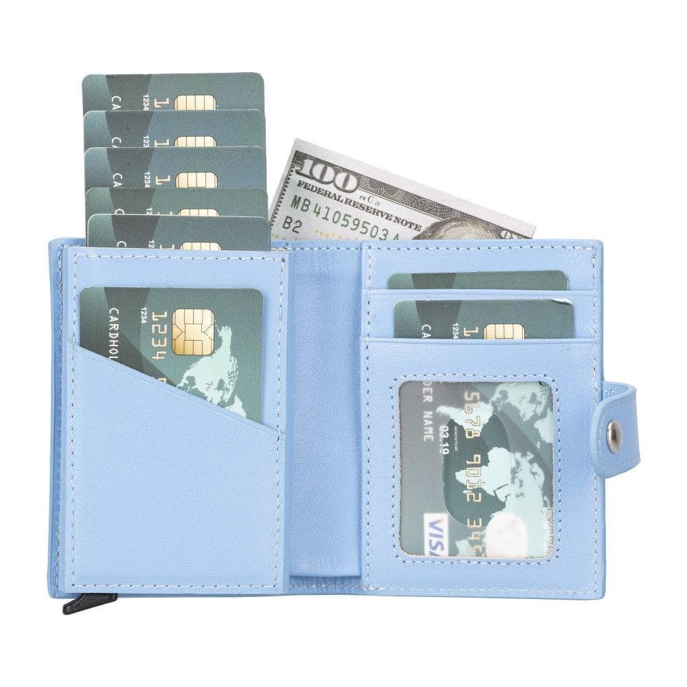 Light blue wallet with cards and money on a white background