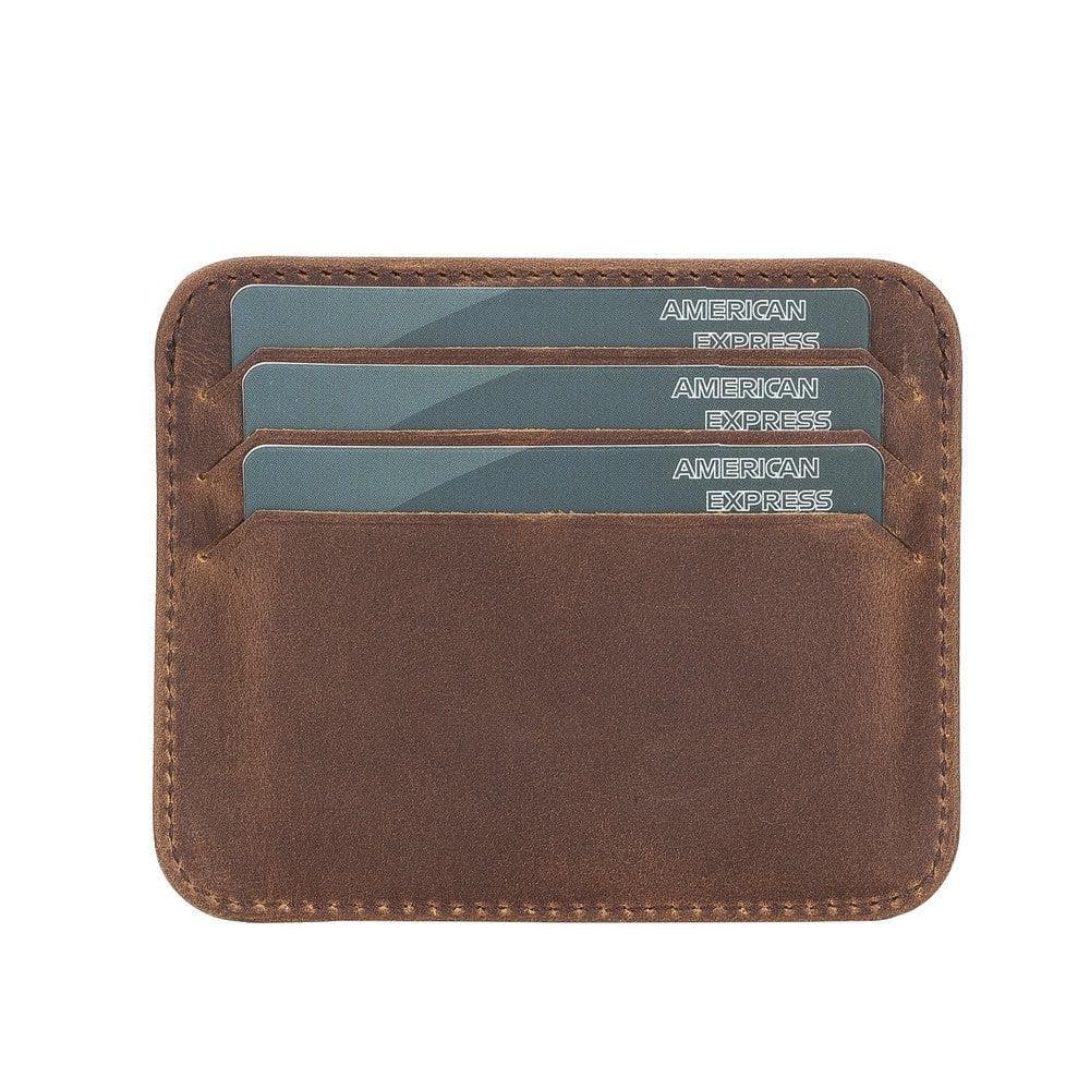 Brown leather cardholder with American Express cards on a white background