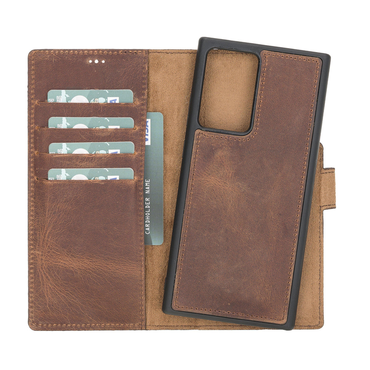Brown leather phone case with card slots on a white background