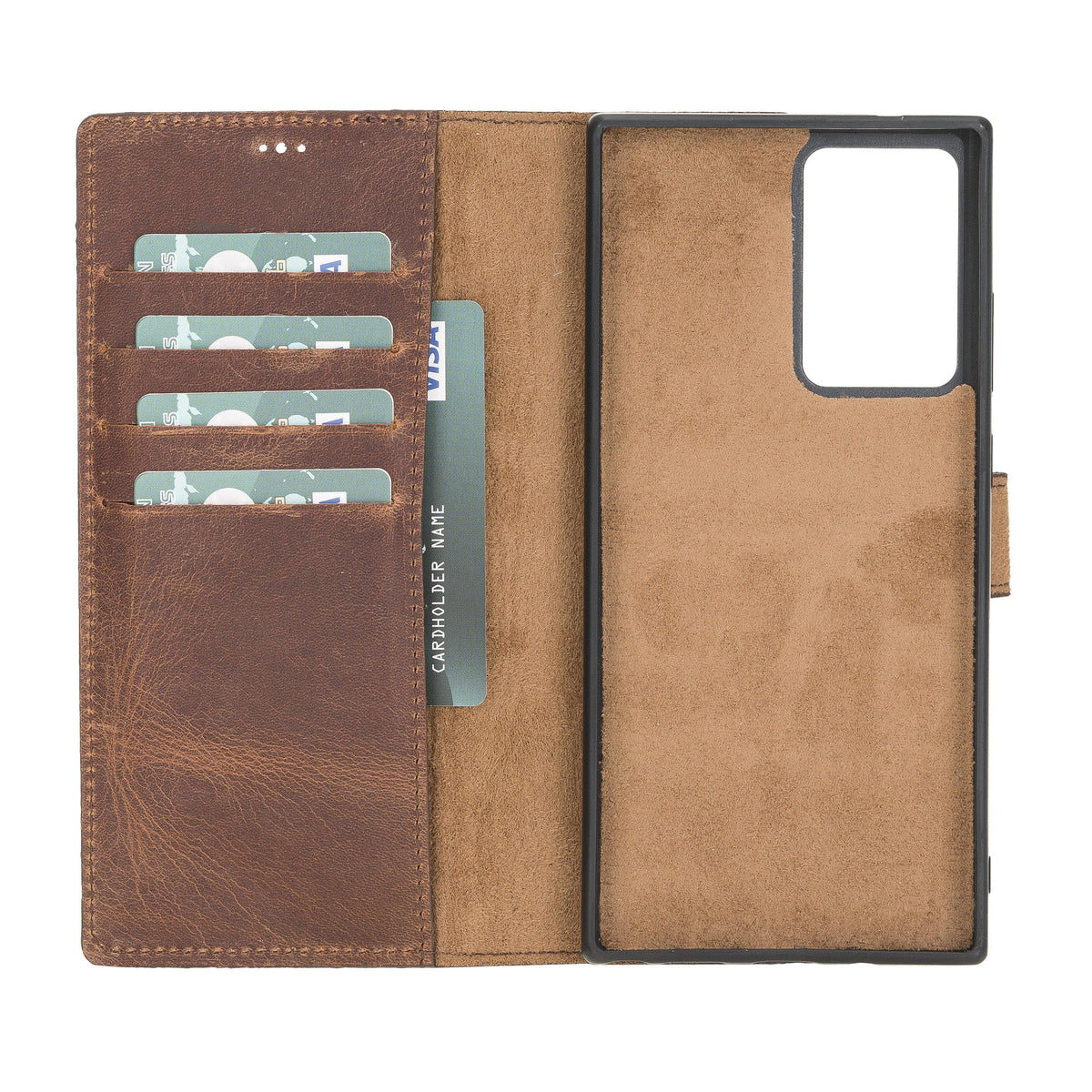 Brown leather phone case with card slots on a white background