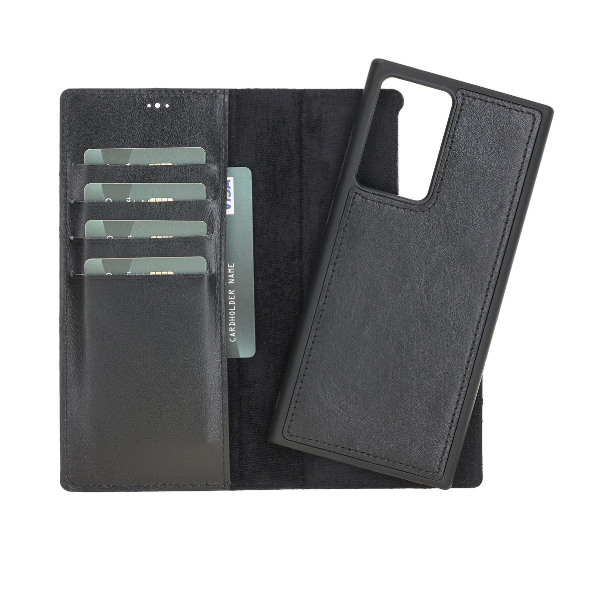 Black phone case with card slots on a white background