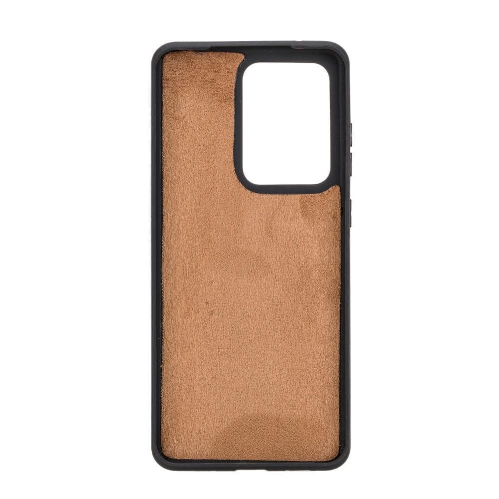 Phone case with brown fabric texture and black frame on a white background