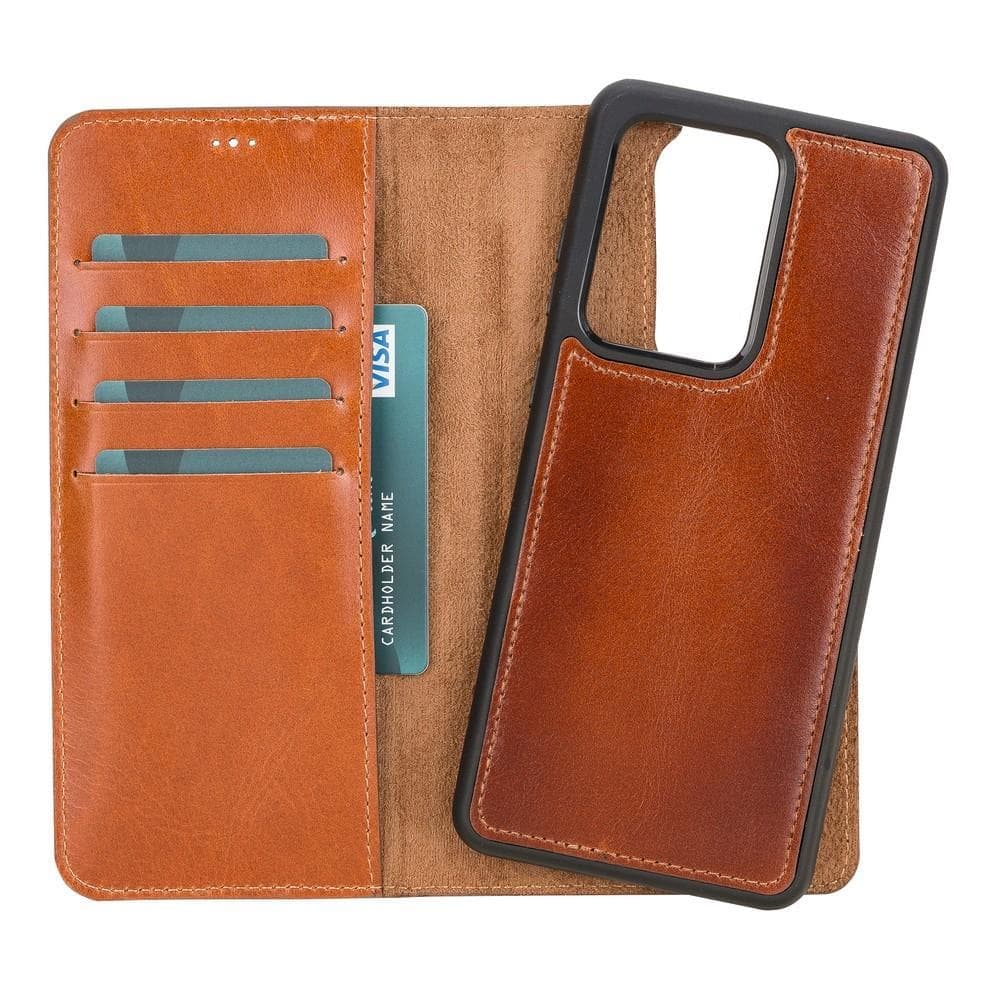 Brown leather phone case with card slots on a white background