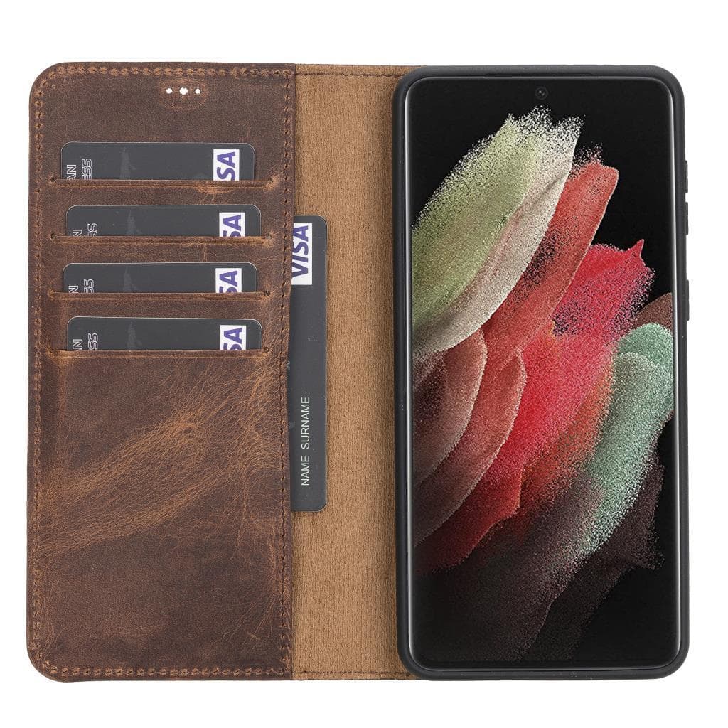 Brown leather phone case with card slots and a phone displaying a floral screen.