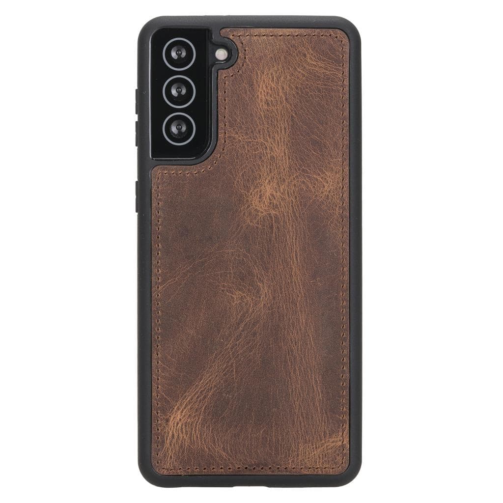 Brown leather phone case with black border on a white background