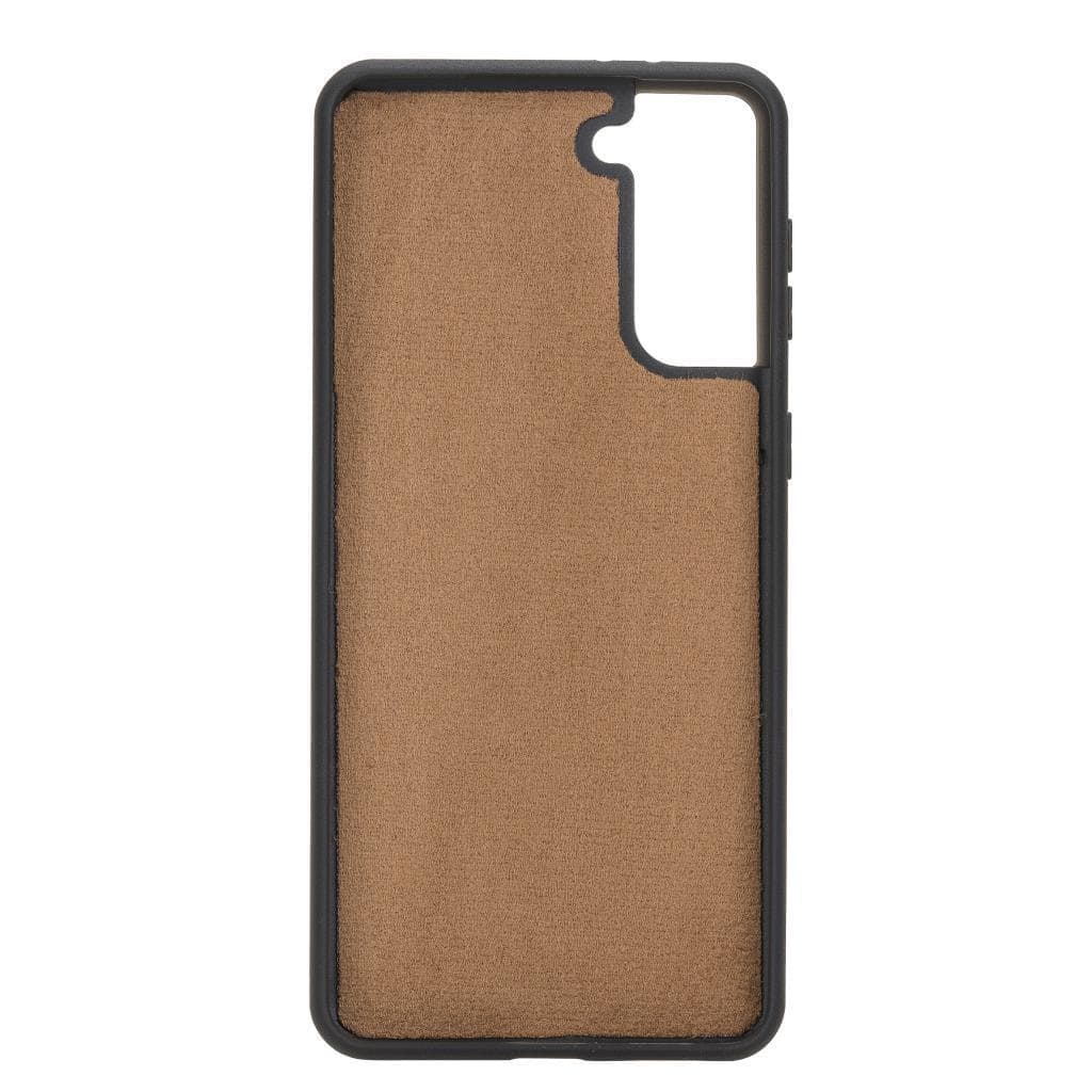 Phone case with brown fabric texture and black frame on a white background