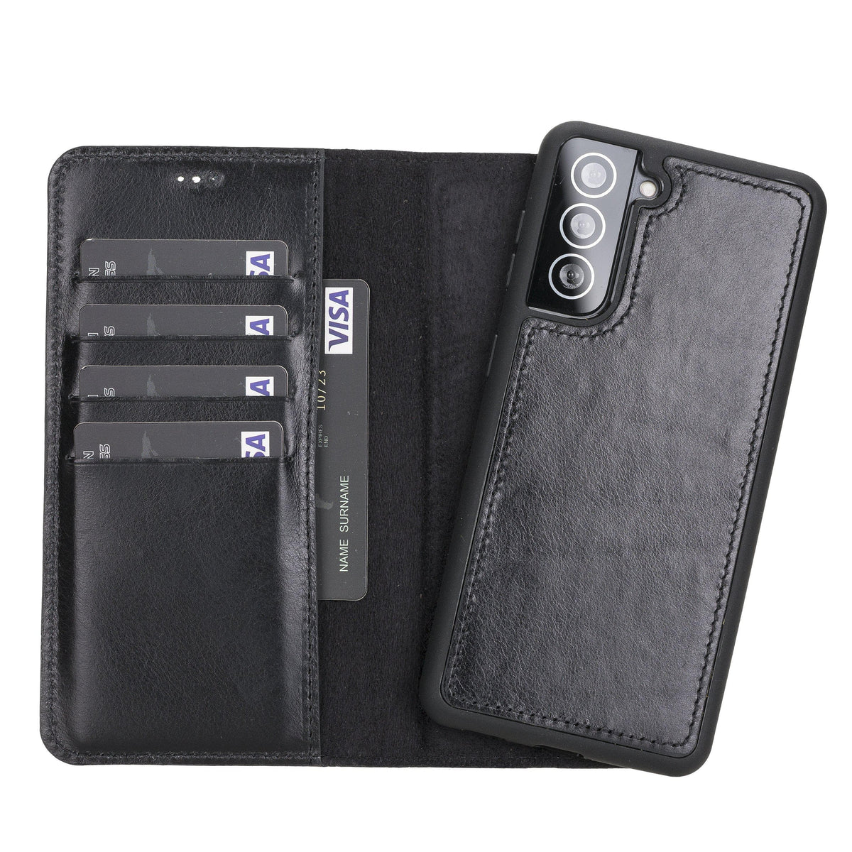 Black phone case with card slots and phone back view on a white background