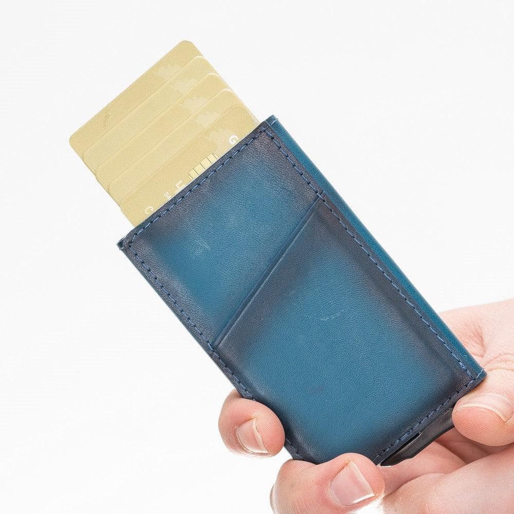 Blue cardholder with a card inserted, held by a hand on a white background