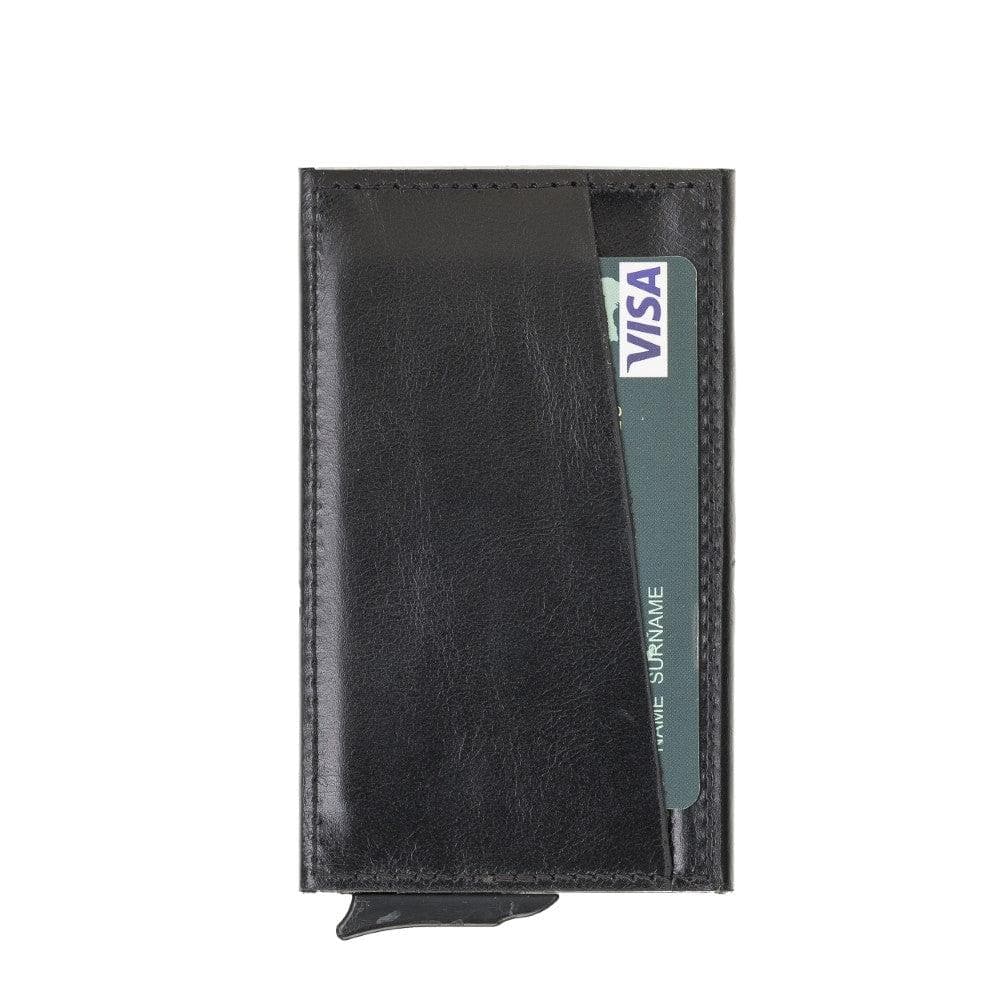 Black leather cardholder with a Visa card inside on a white background