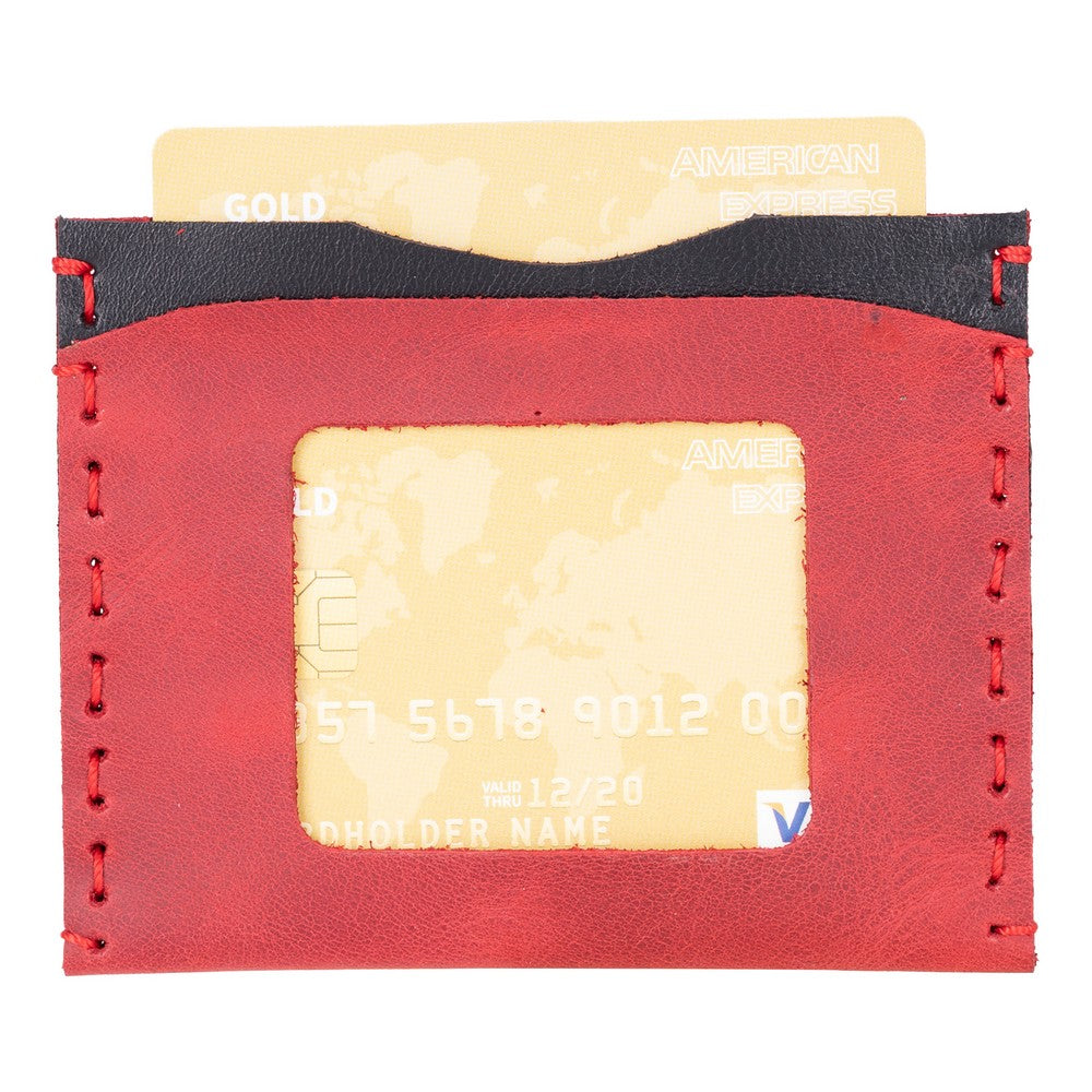 Red leather cardholder with a gold card inside on a white background
