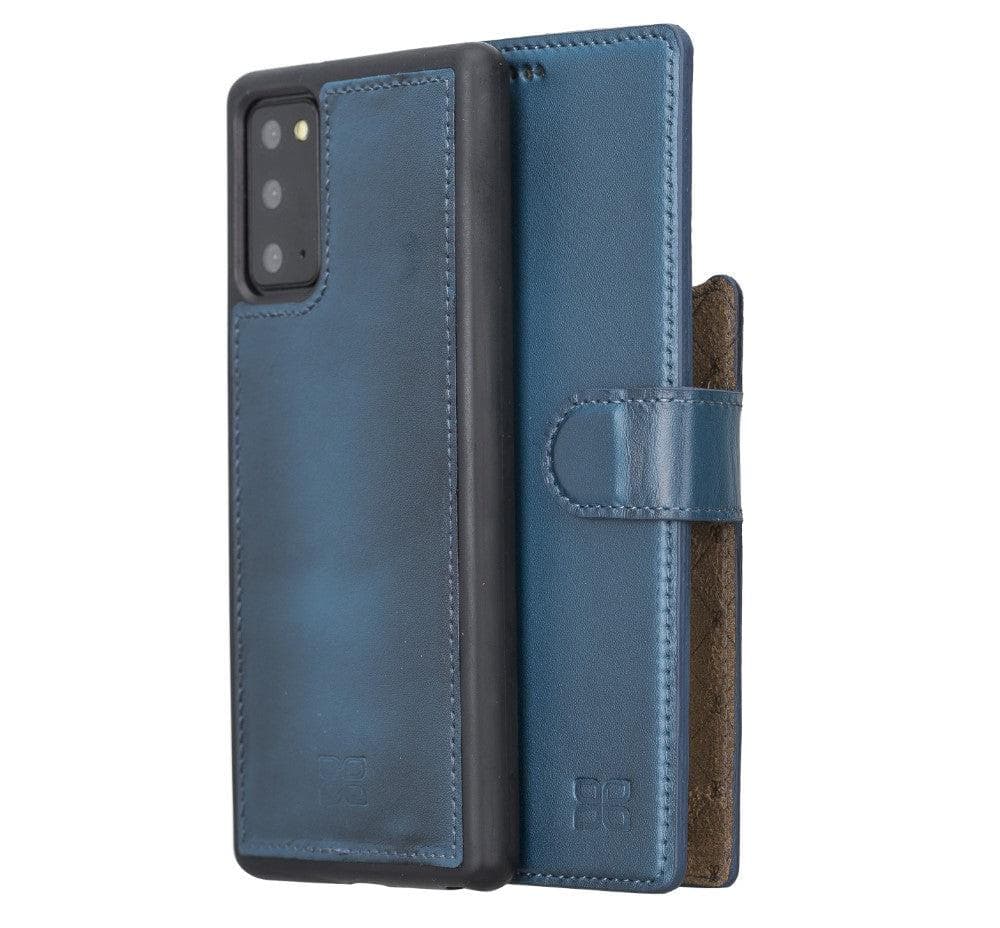 A blue leather detachable wallet case for the Samsung Galaxy Note 20 series. The case is open, displaying the interior card slots and the magnetic closure.