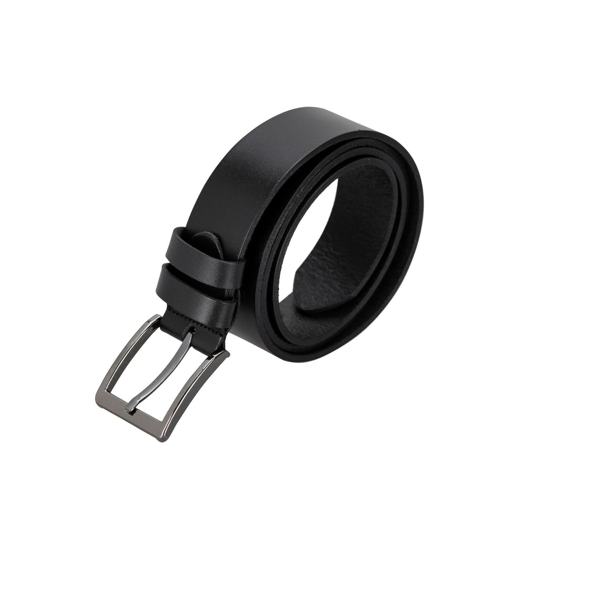 Black leather belt with a silver buckle on a white background
