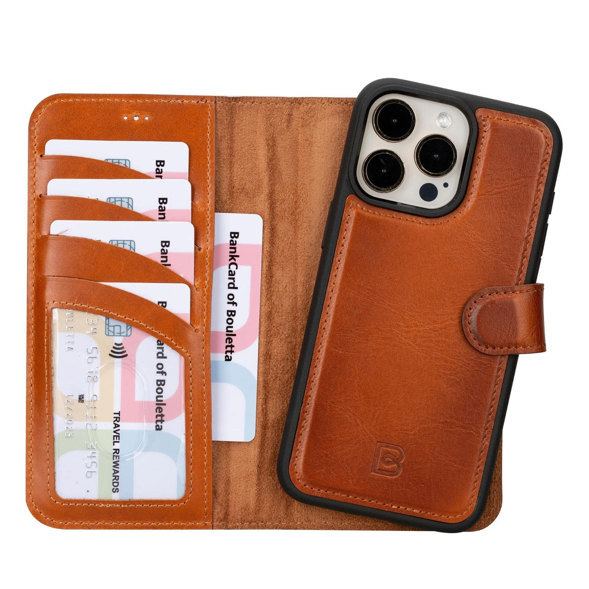 A brown genuine leather wallet case for iPhone 15 Pro, displayed open to show the interior with card slots and a compartment for banknotes.