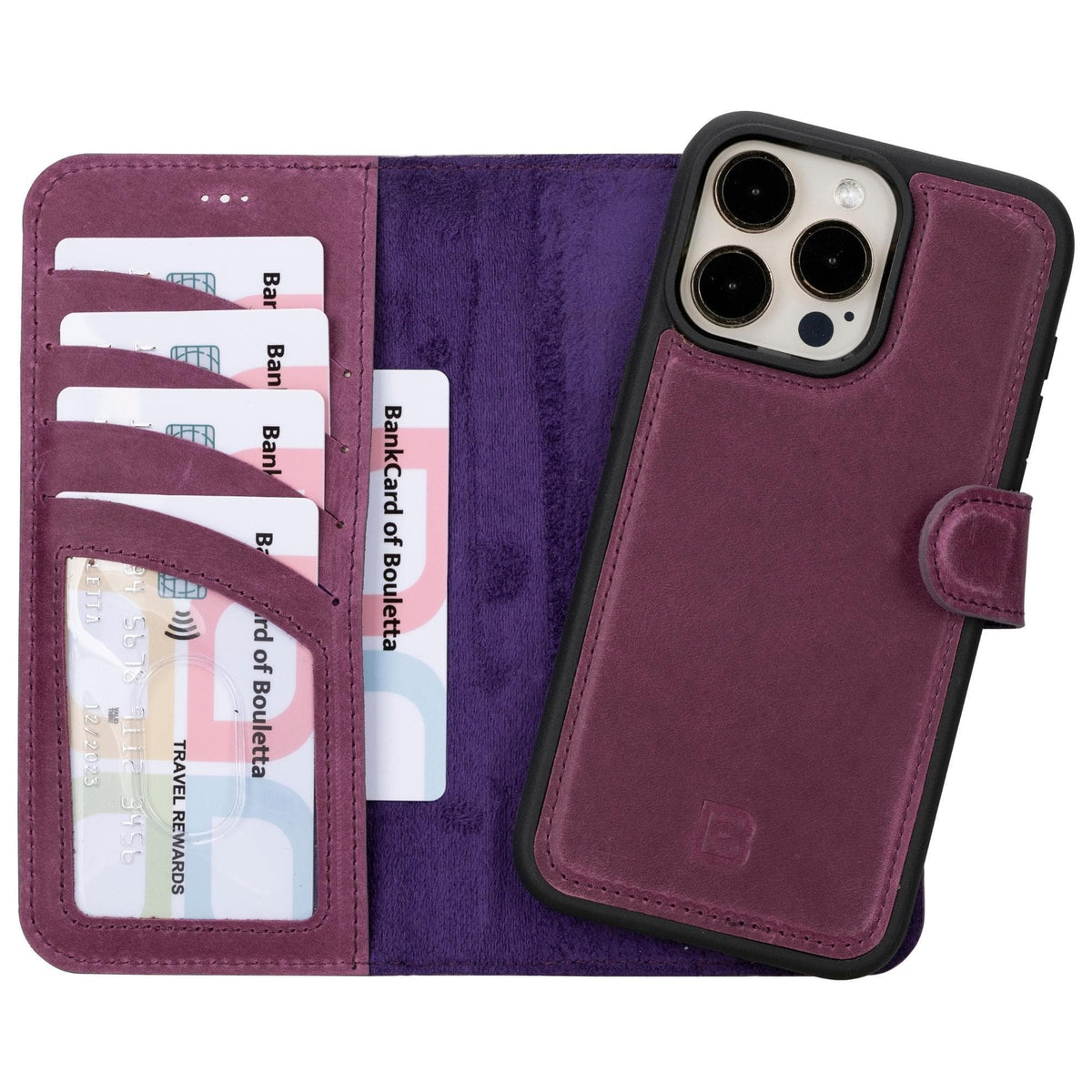 A purple iPhone 15 Pro Max case made of genuine leather, featuring a detachable wallet function, displayed open to show the interior with card slots.