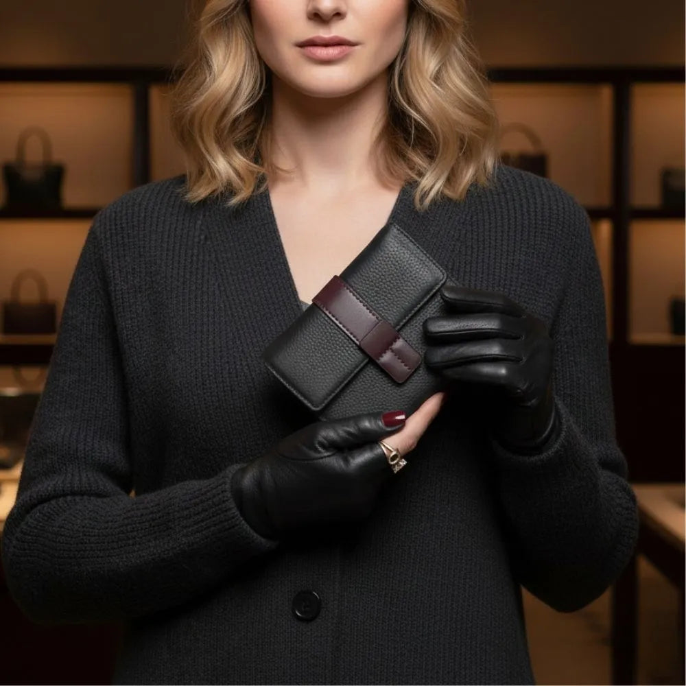 Black genuine leather compact wallet with burgundy strap and flap closure