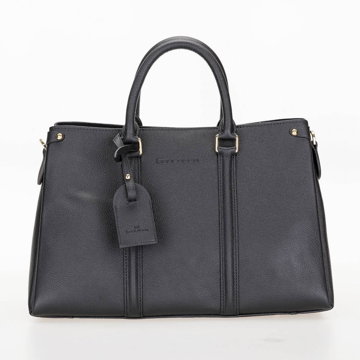 A black genuine leather handbag with a gold zipper and an elegant shoulder strap, displayed against a white background.
