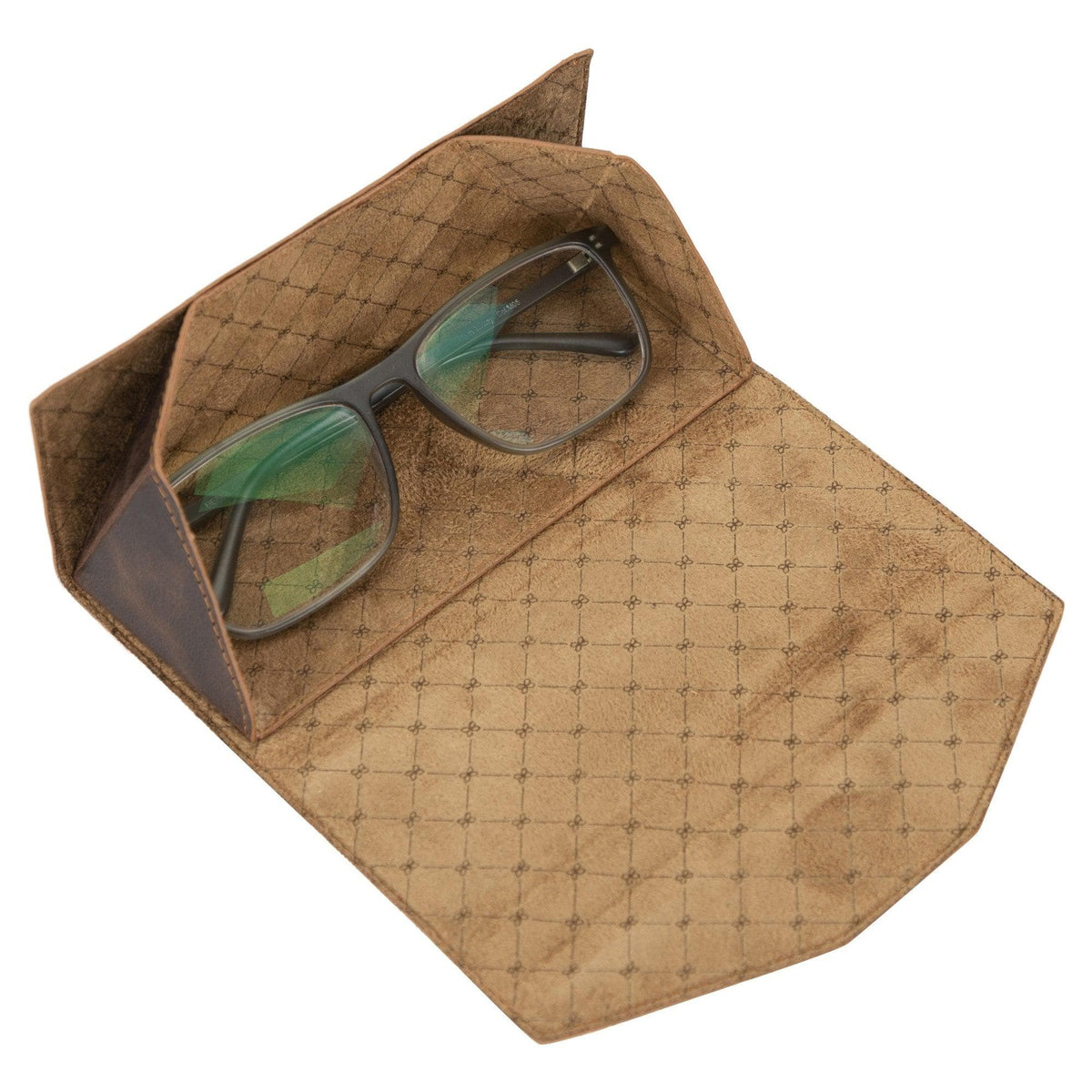 A brown genuine leather glasses case with a triangular shape, displayed with glasses partially inserted, showcasing the soft interior lining.