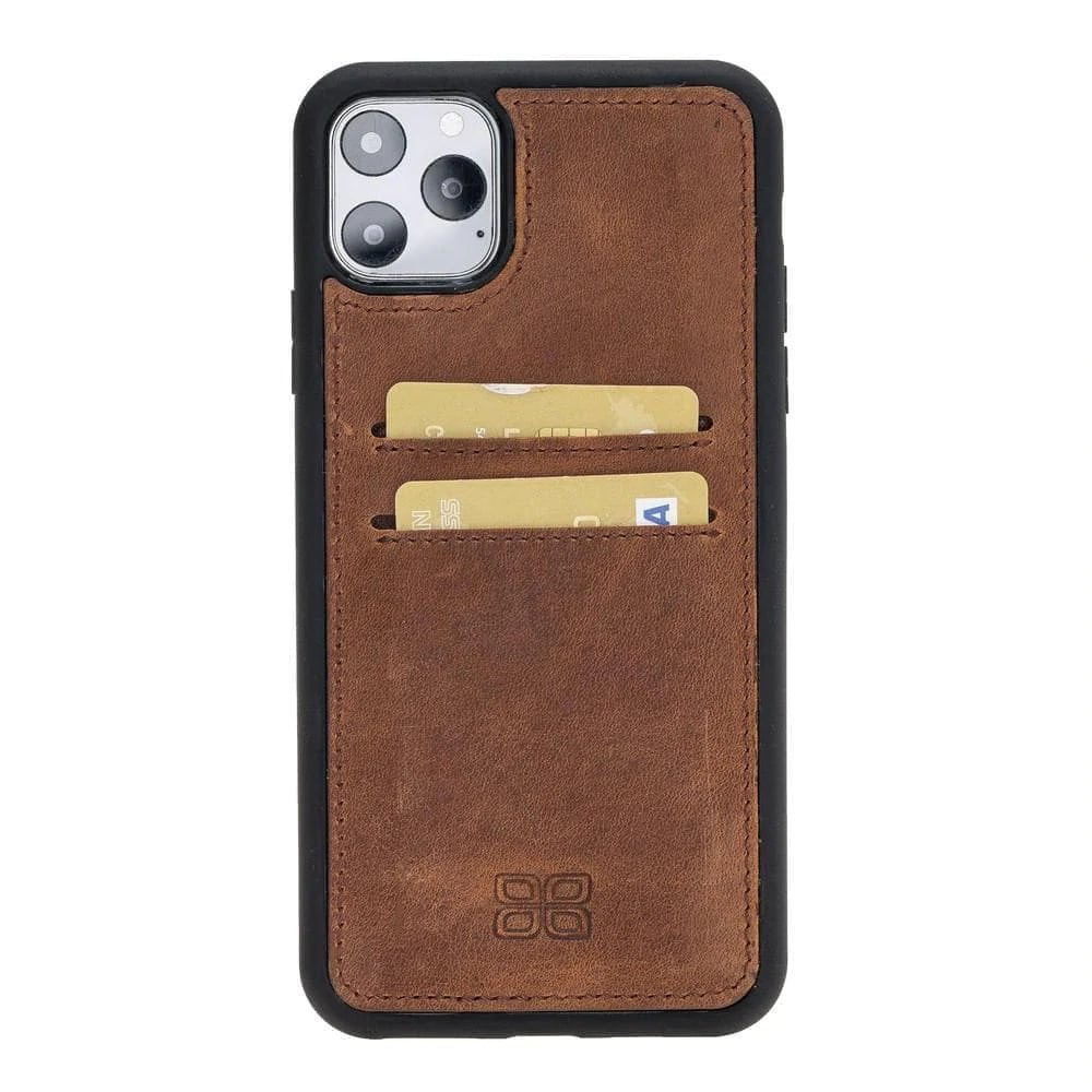 Brown genuine leather back cover case for iPhone 11 with two card holders visible on the back.