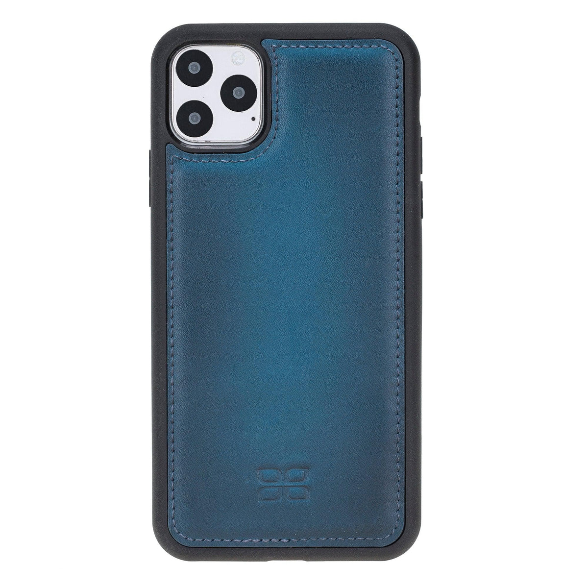 A blue genuine leather back cover for an iPhone 11 series with a magnetic surface on the back.