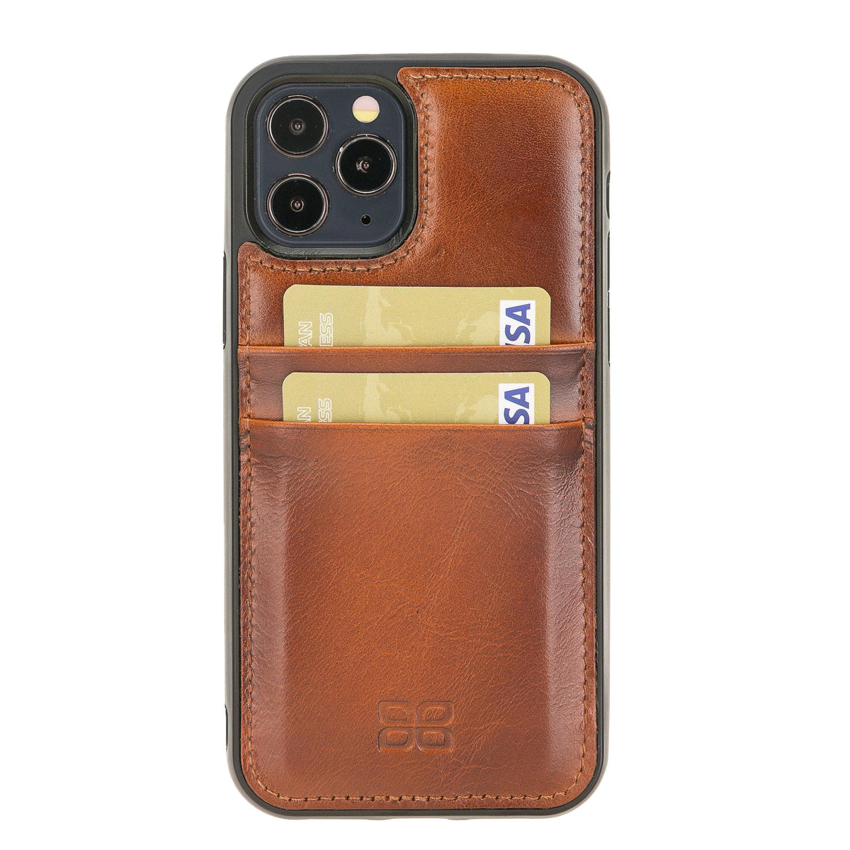 Brown genuine leather back cover for iPhone with dual card slots, showing the back camera setup and the brand embossment.