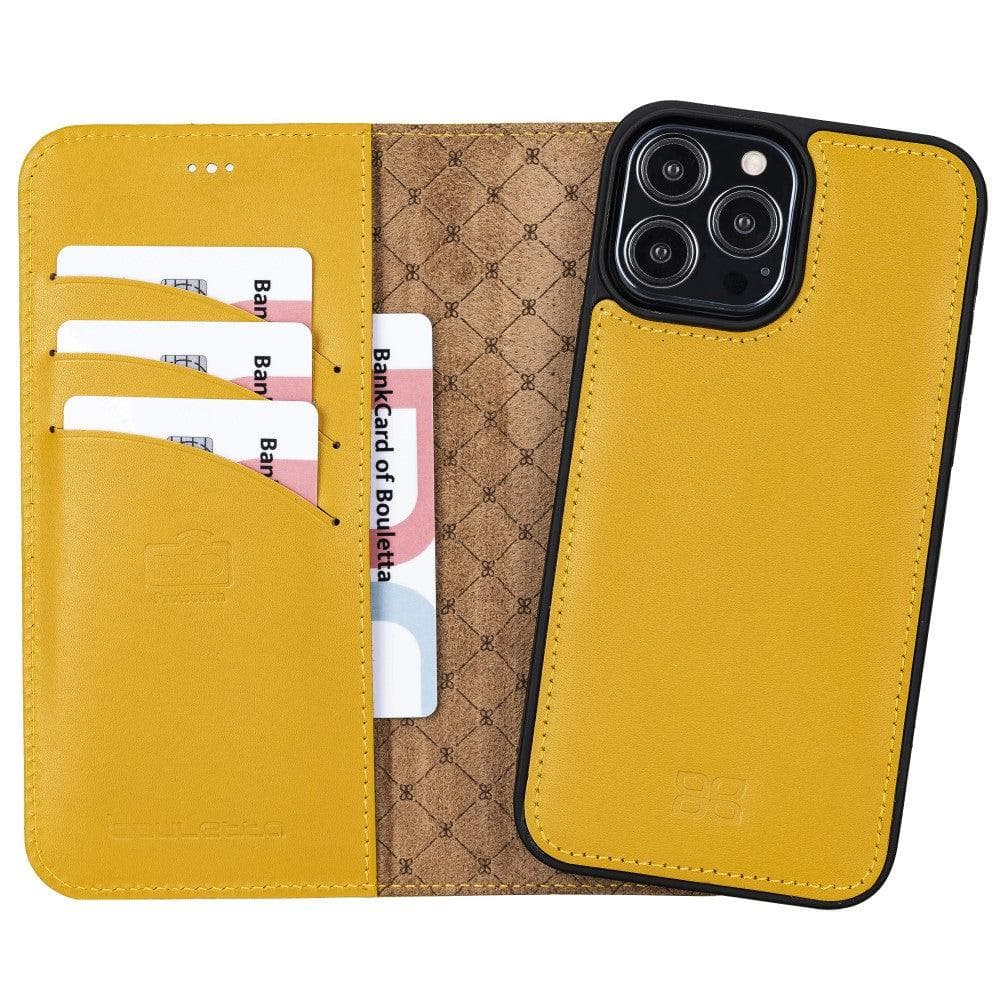A yellow leather wallet case with magnetic closure designed for the iPhone 13 Series, open to show the interior with card slots and a banknote compartment.