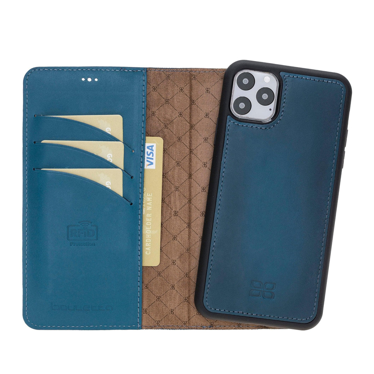 A blue genuine leather wallet case for iPhone 11 series, displayed open to show the interior with card slots and a banknote compartment, and closed as a case covering the phone.