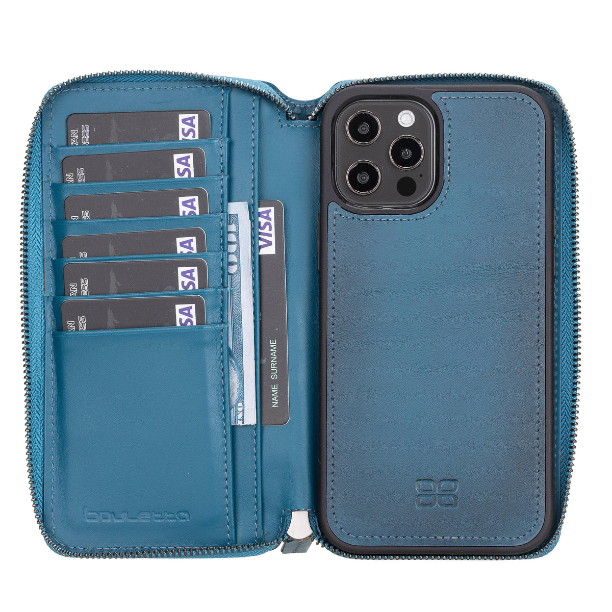 A blue genuine leather detachable pouch with zipper, displayed as an open wallet case showing the interior with card slots and the Bouletta brand logo.