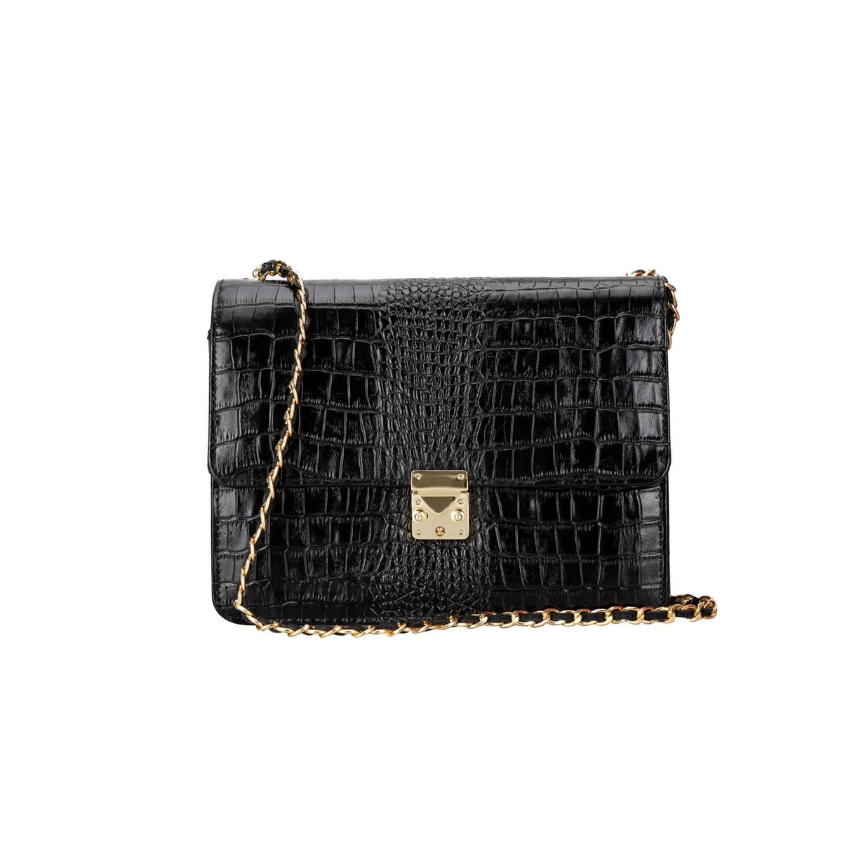 A black genuine leather handbag with a chain strap and a gold-tone buckle closure, displayed against a white background.